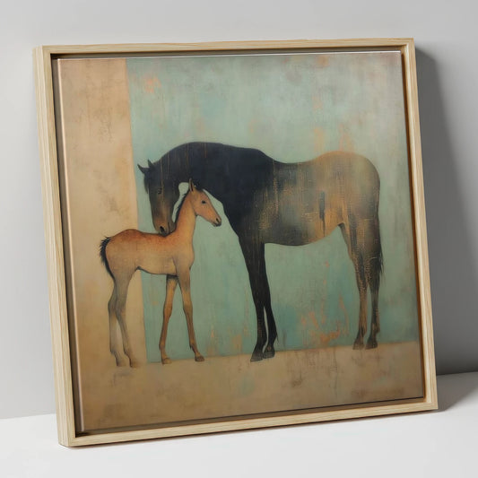 A Golden Bond mare & foal canvas wall art in natural frame