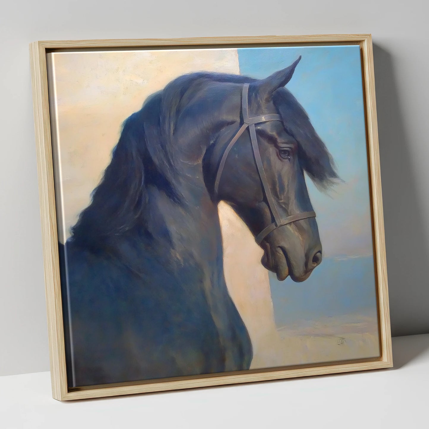 Noble Black Profile horse breed canvas wall art in natural frame