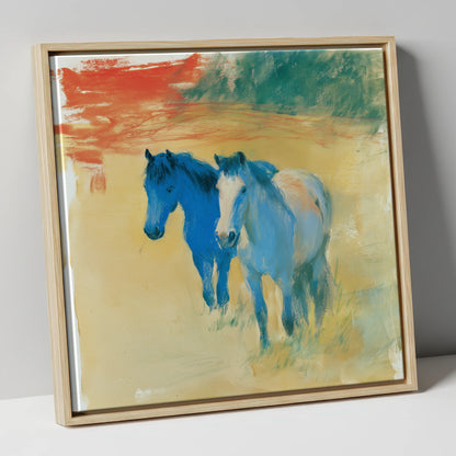 Cobalt Companions horse landscape canvas wall art in natural frame