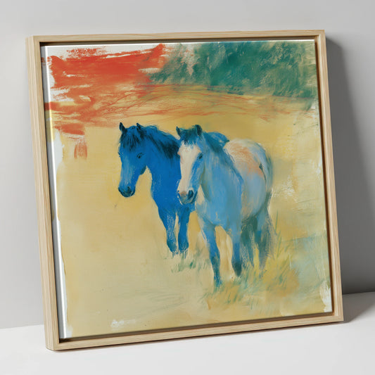 Cobalt Companions horse landscape canvas wall art in natural frame