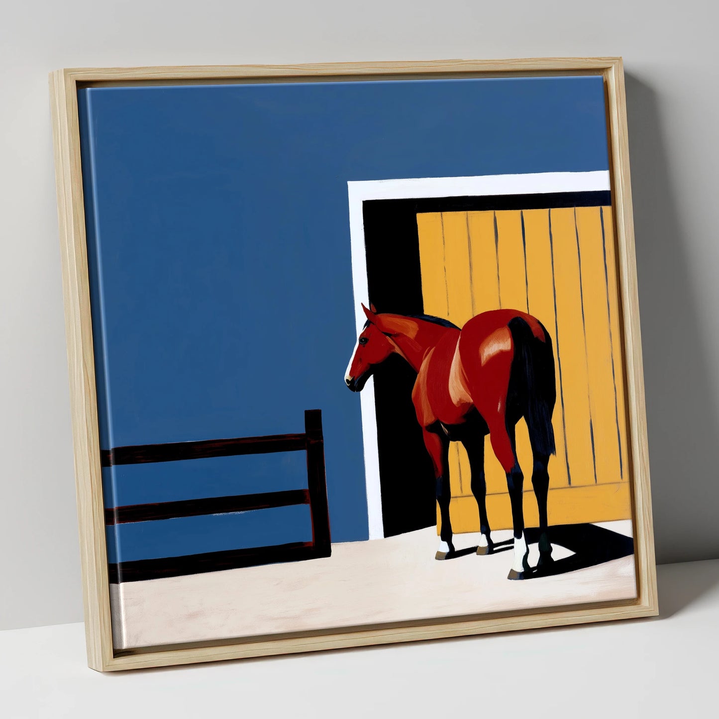 Chestnut at the Door horse stable canvas wall art in natural frame