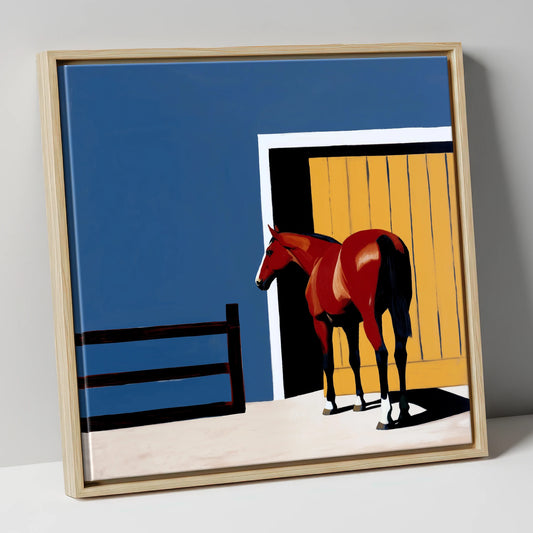 Chestnut at the Door horse stable canvas wall art in natural frame