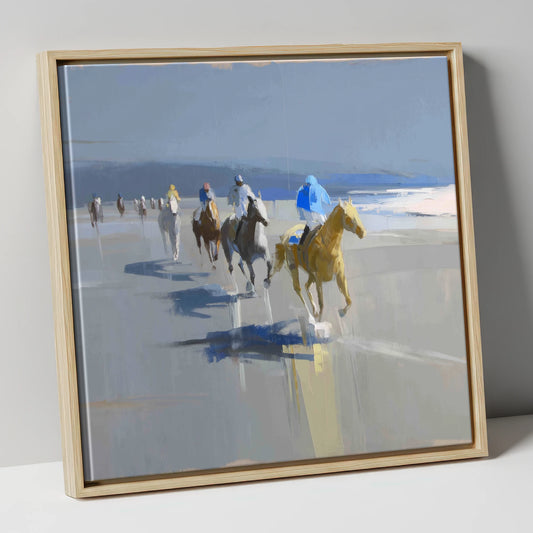 Coastal Morning String racing horse canvas wall art in natural frame