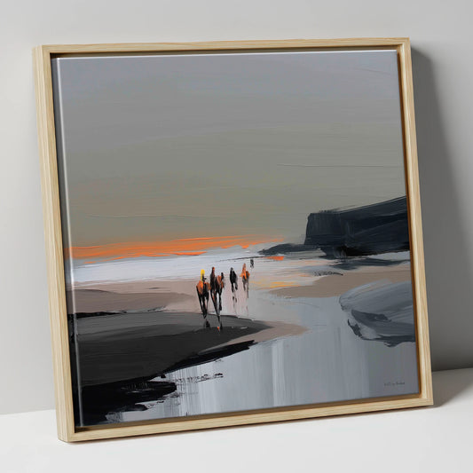 Sunset Coastal Hack horse landscape canvas wall art in natural frame