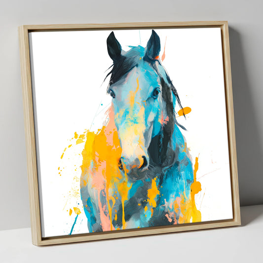 Teal and Amber Gaze horse portrait canvas wall art in natural frame