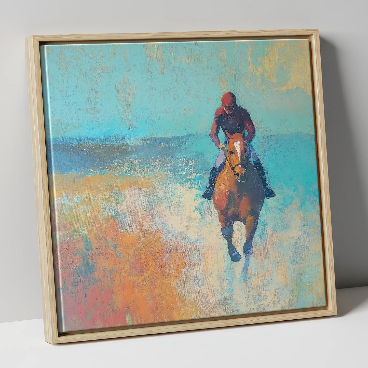 The Morning Gallop racing horse canvas wall art in natural frame