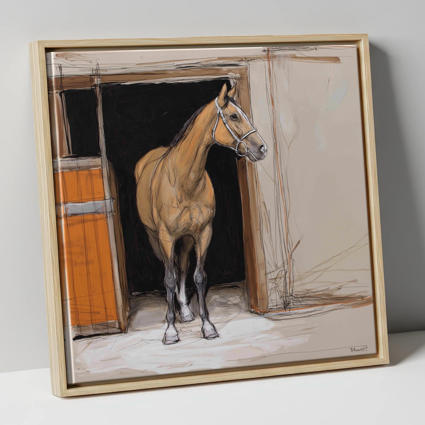 Morning Watch horse stable canvas wall art in natural frame