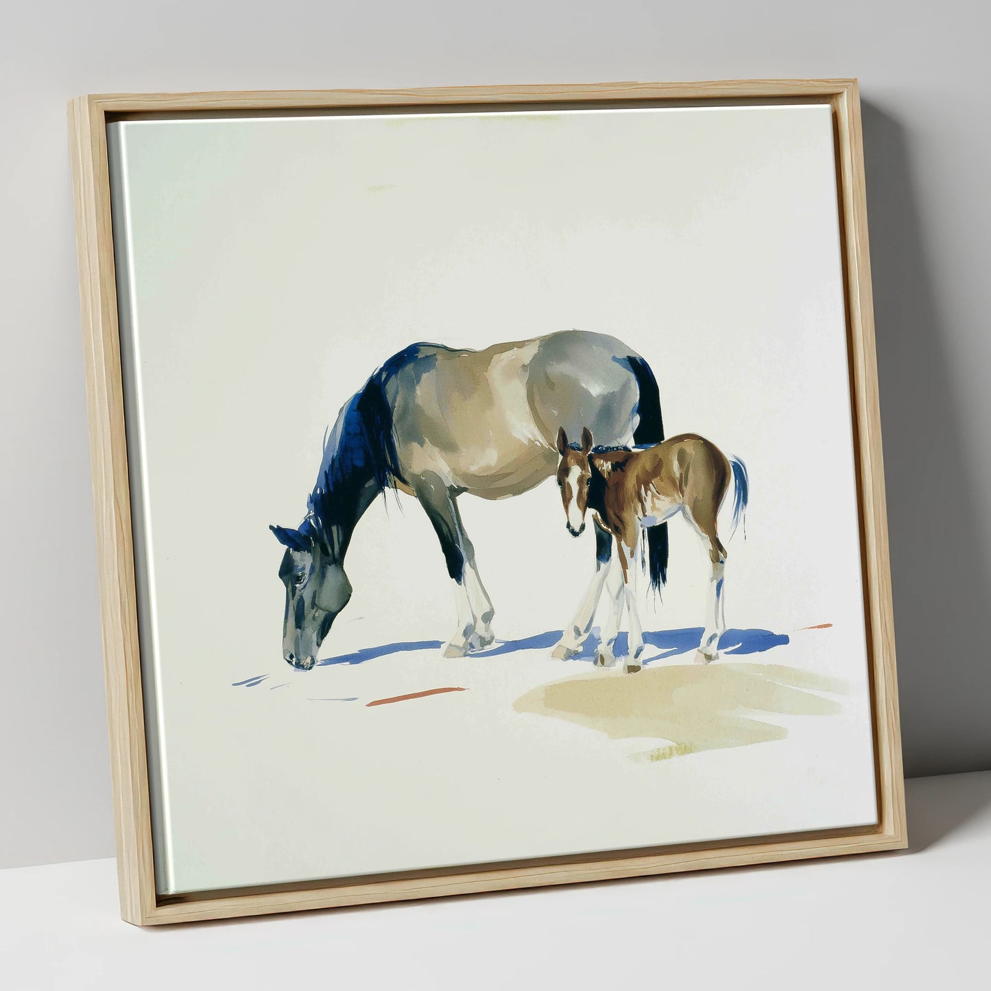 Spring Pasture Shadows mare & foal canvas wall art in natural frame