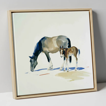 Spring Pasture Shadows mare & foal canvas wall art in natural frame