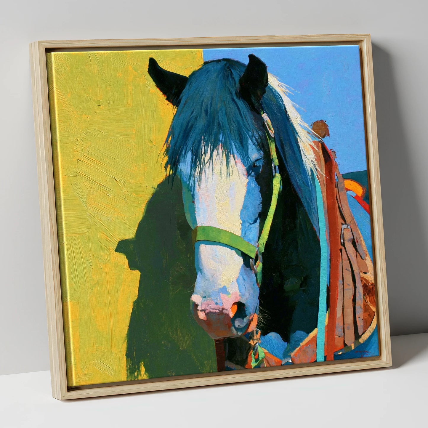 Tacked Horse Against Yellow Wall horse breed canvas wall art in natural frame