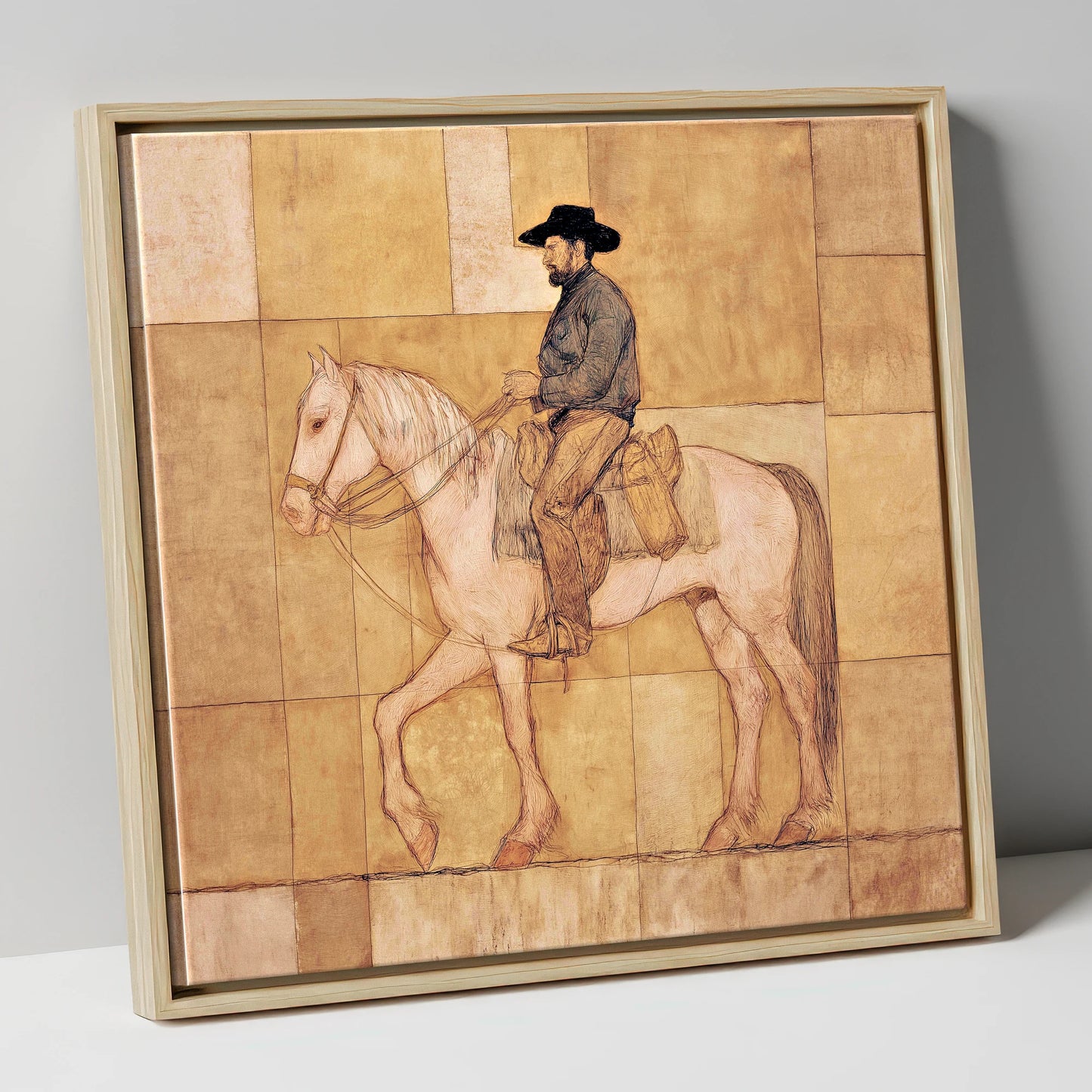 The Golden Trail western horse canvas wall art in natural frame