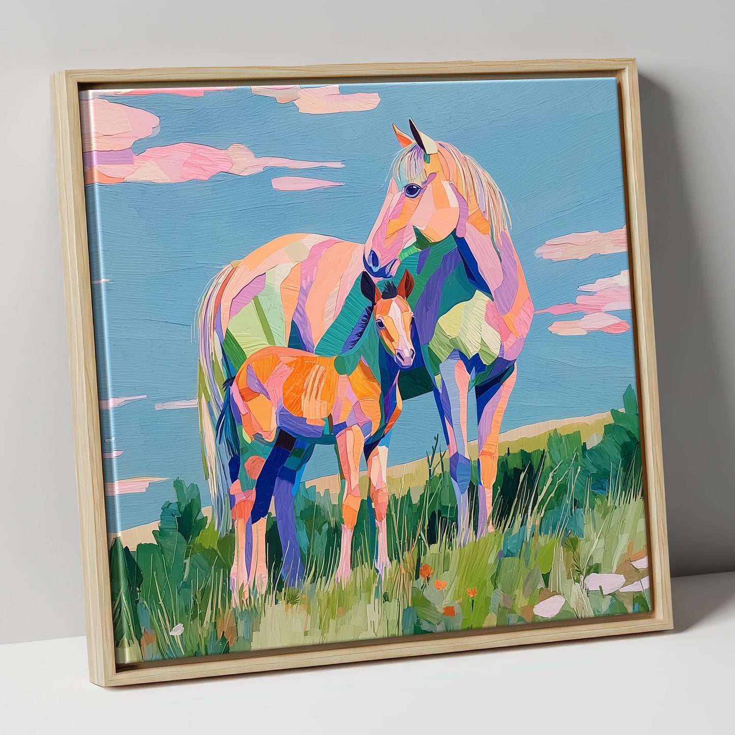 Vibrant Maternal Bond mare & foal canvas wall art in natural frame