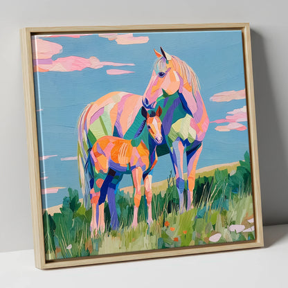 Vibrant Maternal Bond mare & foal canvas wall art in natural frame
