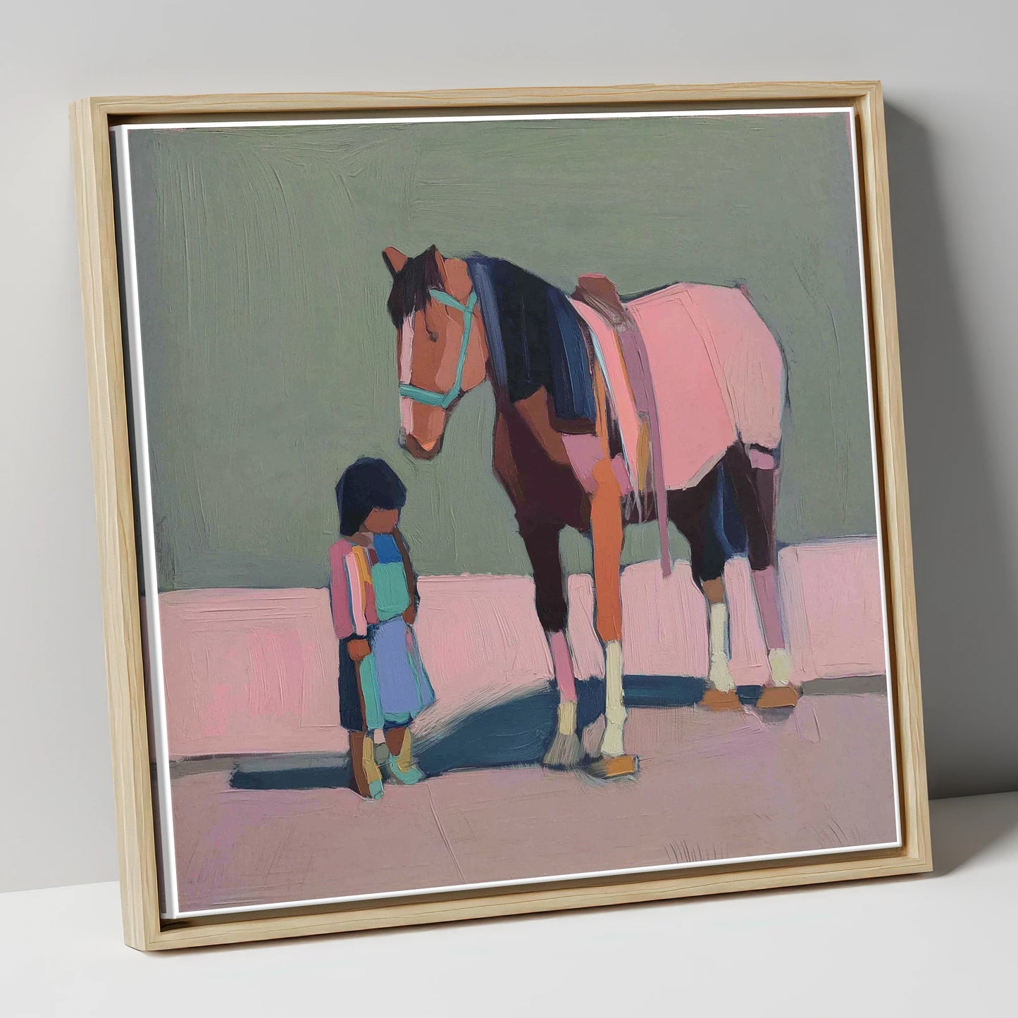 Quiet Connection horse & rider canvas wall art in natural frame