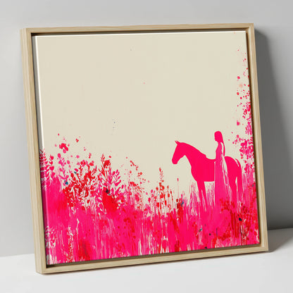 Vibrant Magenta Silhouette horse & rider canvas wall art in natural frame