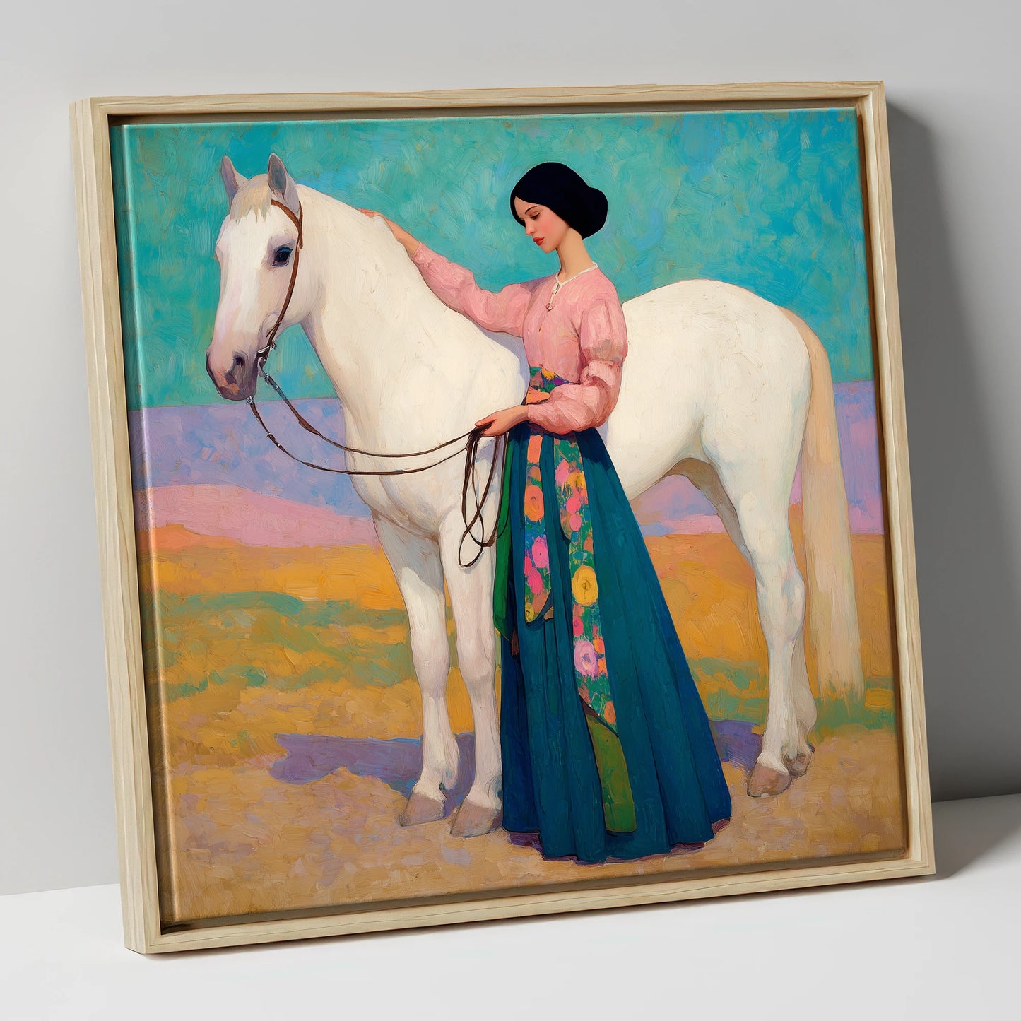 Vibrant Connection horse & rider canvas wall art in natural frame