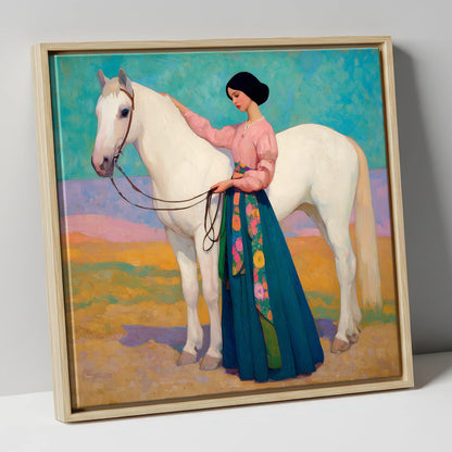 Vibrant Connection horse & rider canvas wall art in natural frame