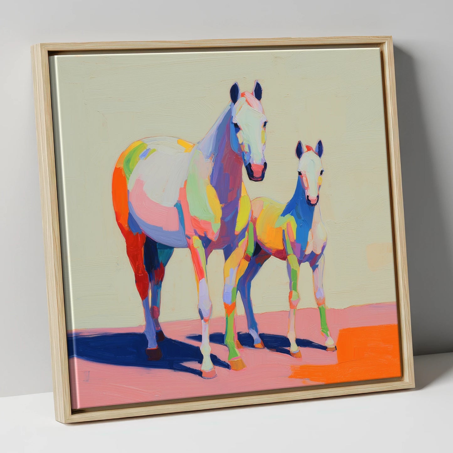 Technicolour Bond mare & foal canvas wall art in natural frame