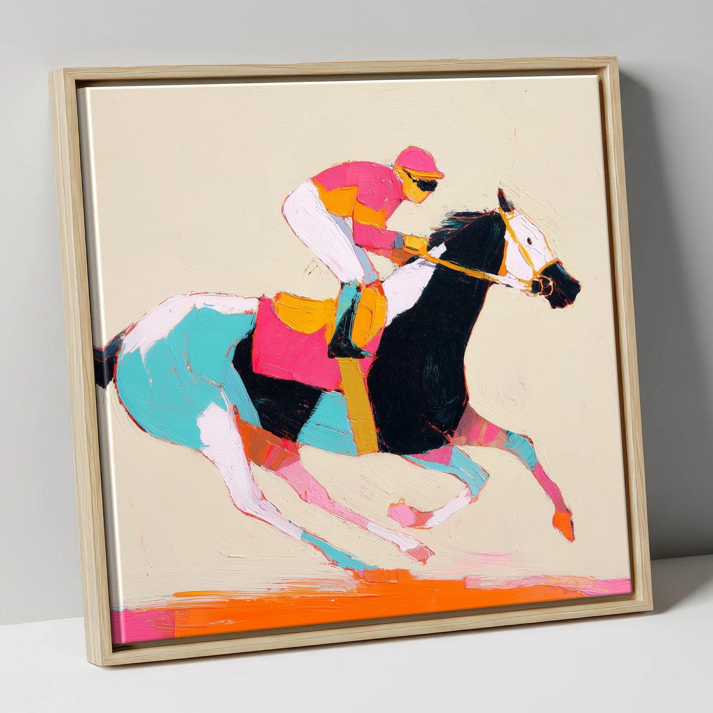 Technicolour Gallop racing horse canvas wall art in natural frame