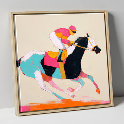 Technicolour Gallop racing horse canvas wall art in natural frame