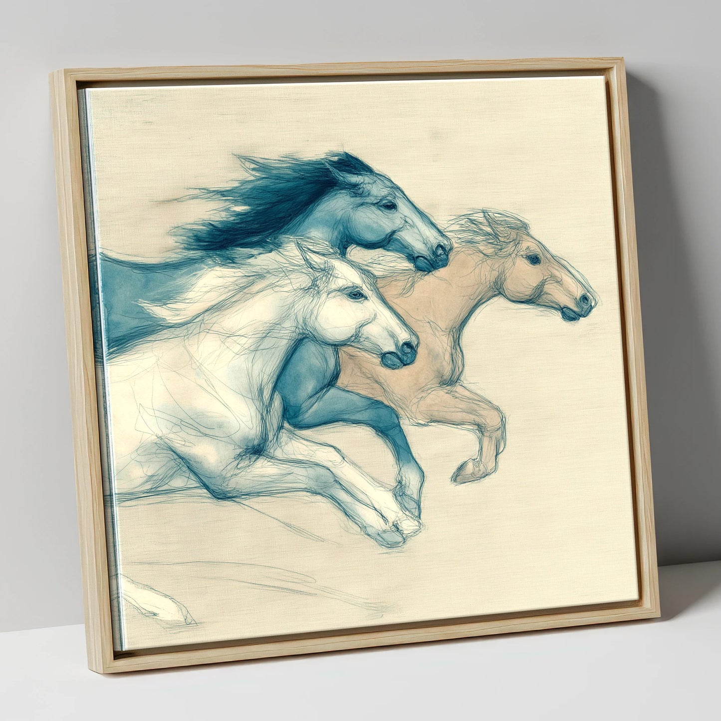 Azure Equine Trio wild horses canvas wall art in natural frame