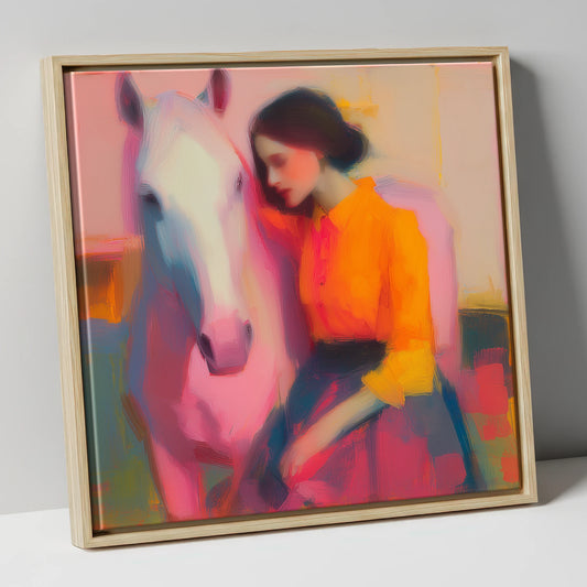 Vivid Embrace horse & rider canvas wall art in natural frame