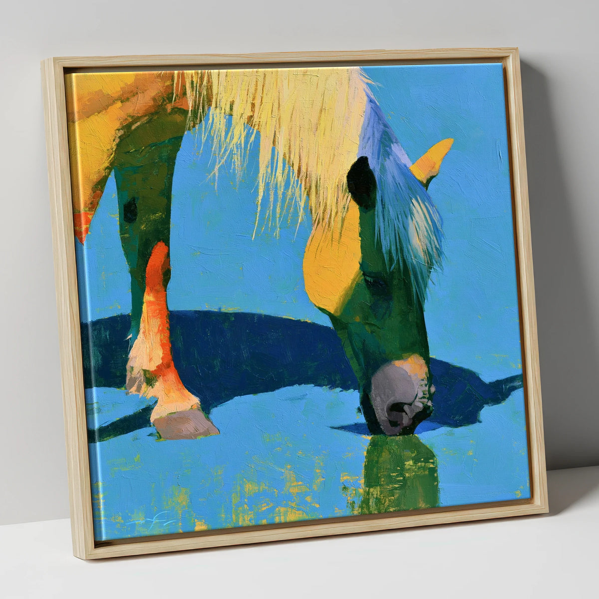 Vibrant Horse Drinking Water horse breed canvas wall art in natural frame