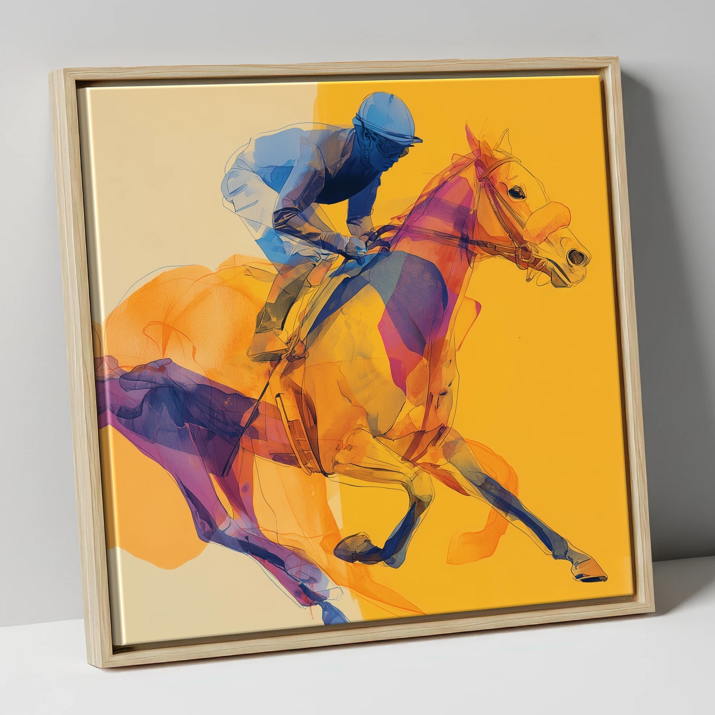 Cobalt Racing Stride racing horse canvas wall art in natural frame