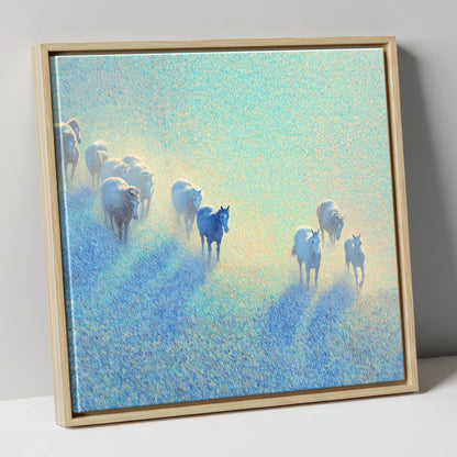 Ethereal Morning Herd wild horses canvas wall art in natural frame