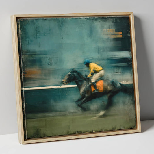 The Blue Furlong racing horse canvas wall art in natural frame