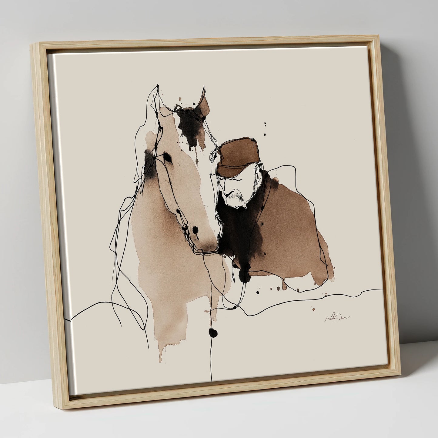 Silent Companions horse & rider canvas wall art in natural frame