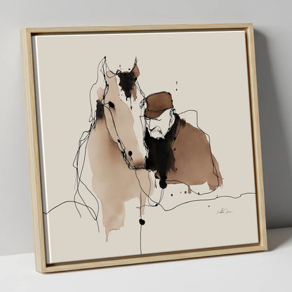 Silent Companions horse & rider canvas wall art in natural frame