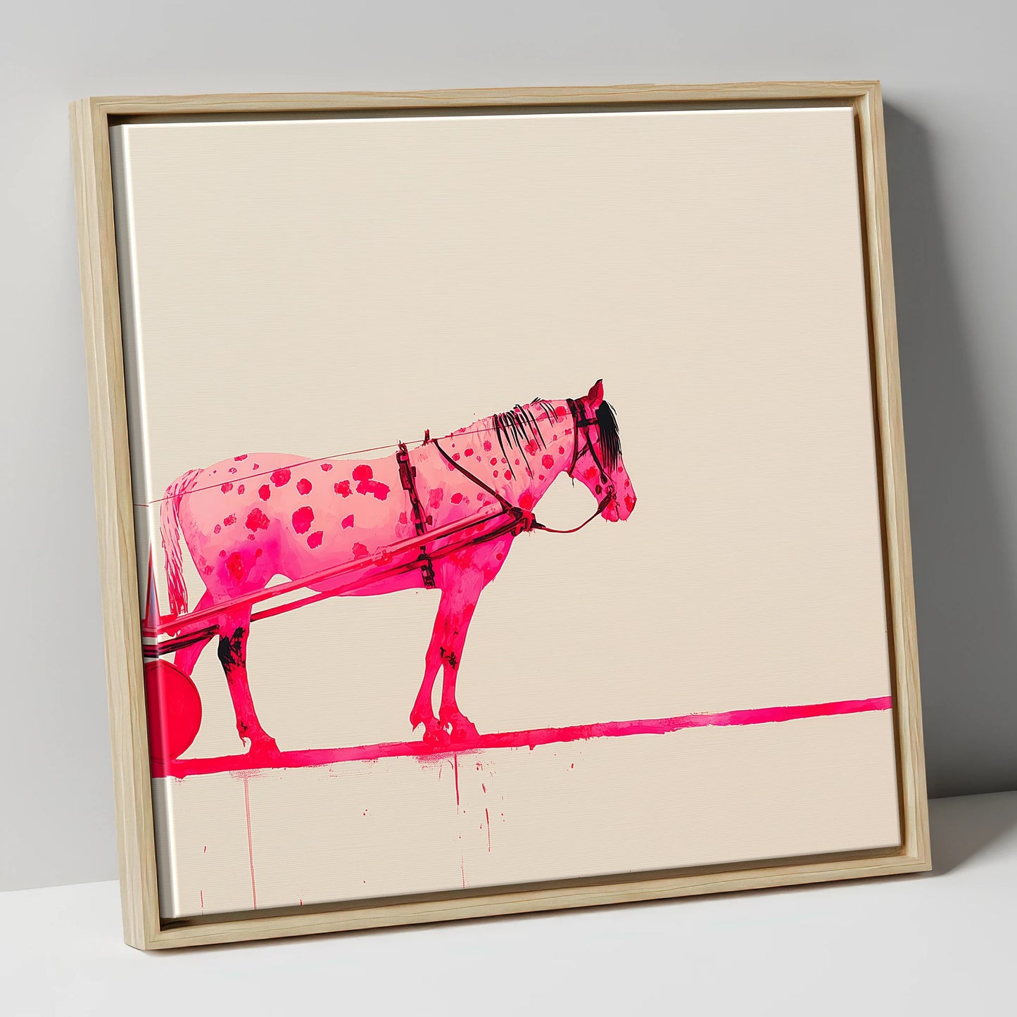 Vibrant Spotted Harness working horse canvas wall art in natural frame