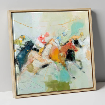 Rush to the Line racing horse canvas wall art in natural frame