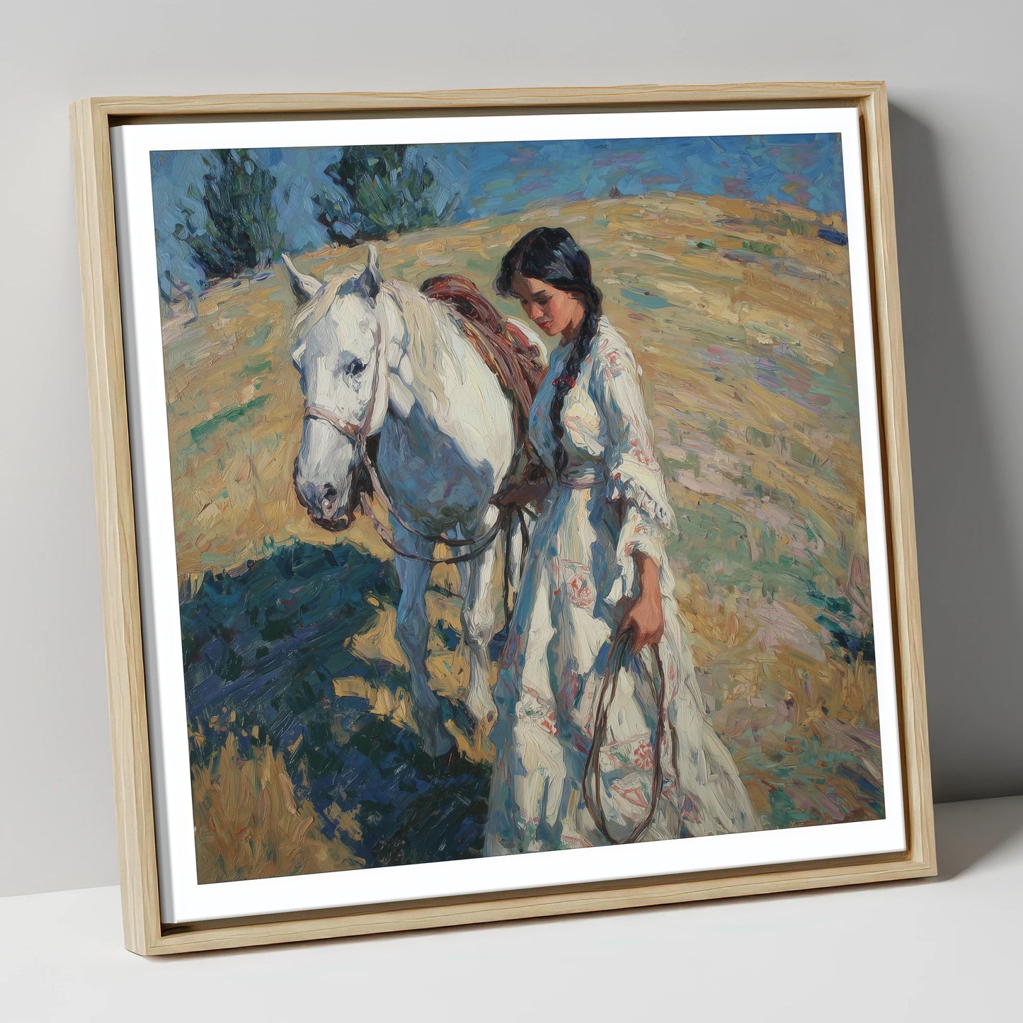 Sunlit Summer Stroll horse & rider canvas wall art in natural frame