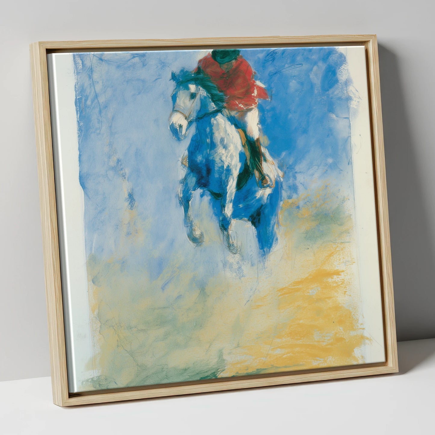 Cerulean Flight show jumping horse canvas wall art in natural frame