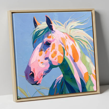 Technicolour Spirit horse breed canvas wall art in natural frame