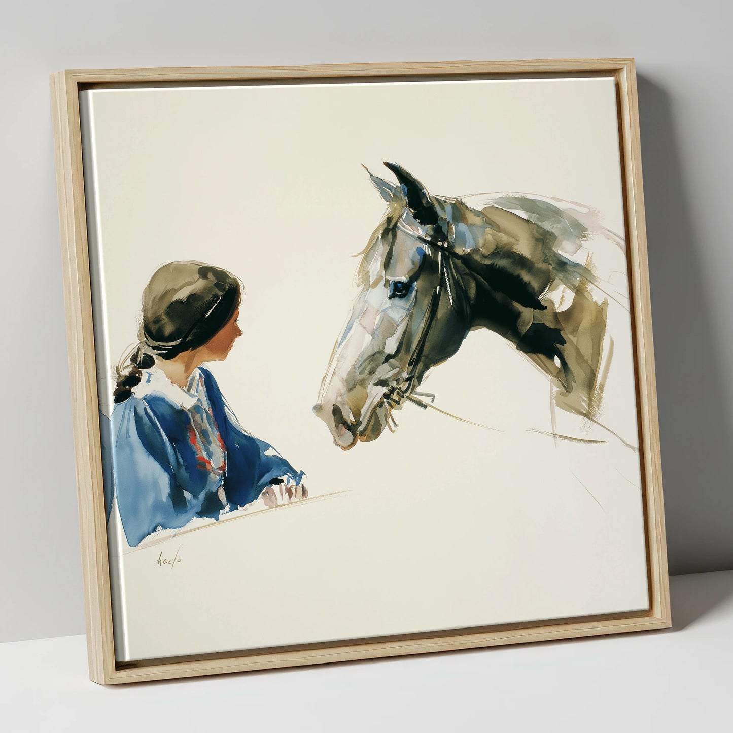 A Shared Silence horse & rider canvas wall art in natural frame
