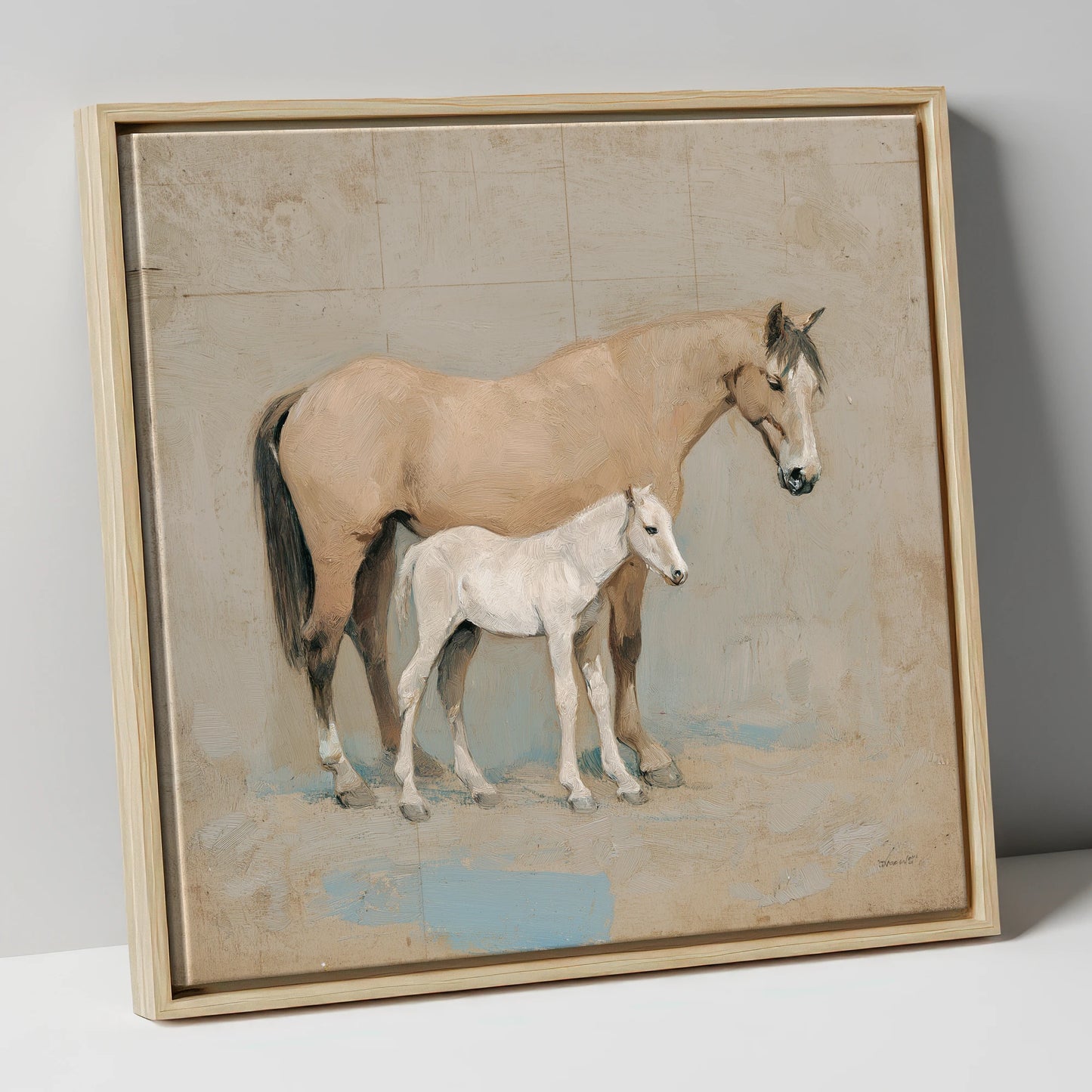 A Quiet Bond mare & foal canvas wall art in natural frame