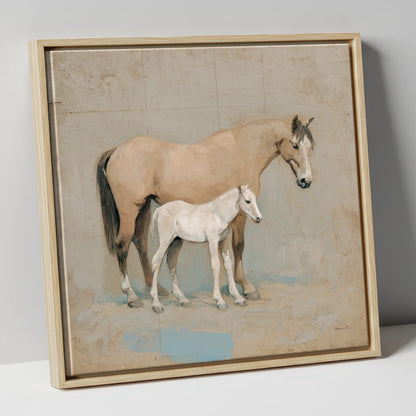 A Quiet Bond mare & foal canvas wall art in natural frame