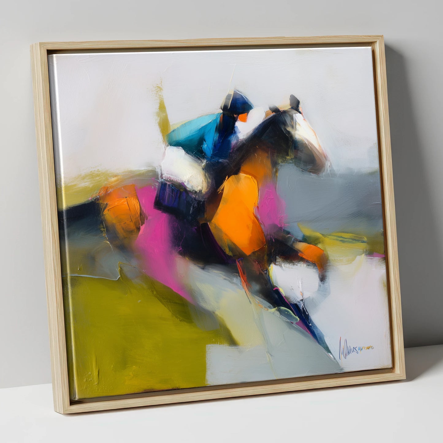 Thundering Colour racing horse canvas wall art in natural frame