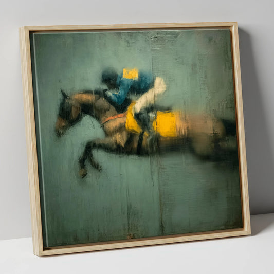 Airborne in Teal and Gold show jumping horse canvas wall art in natural frame