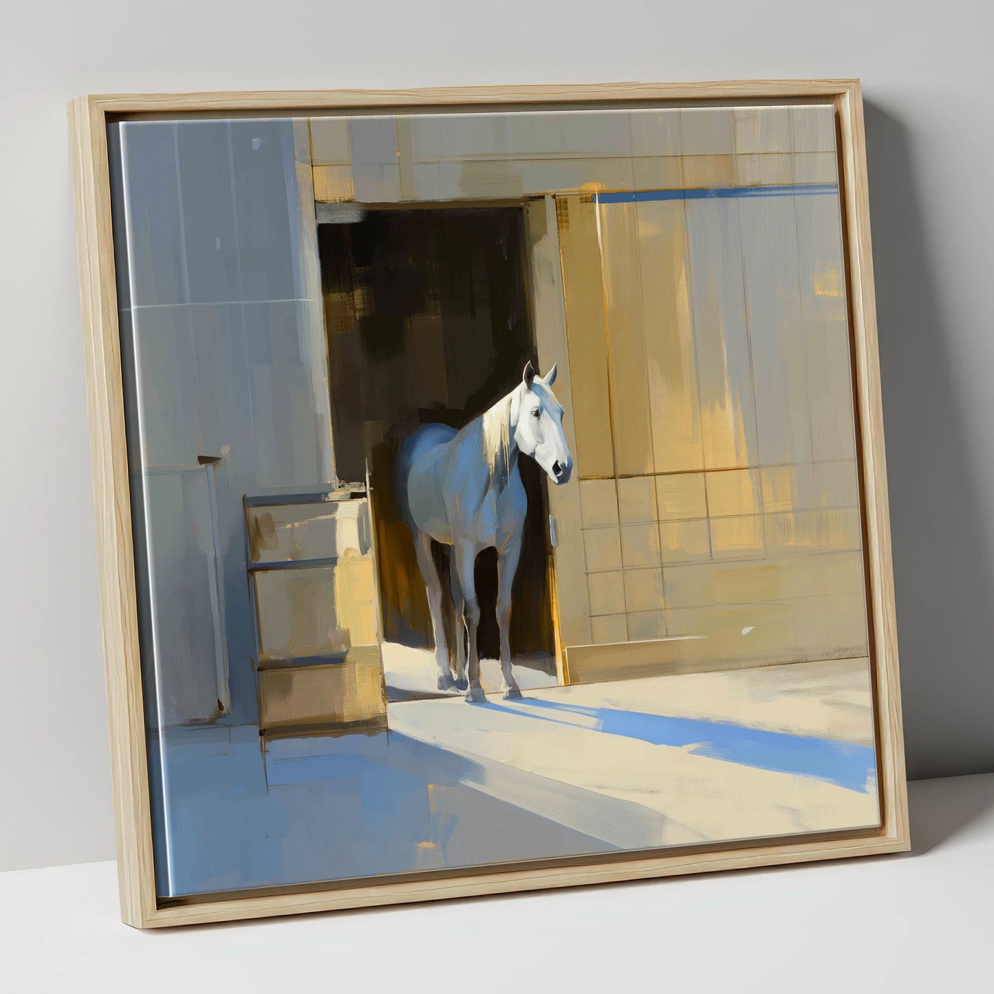 Sunlit Stable Doorway horse stable canvas wall art in natural frame