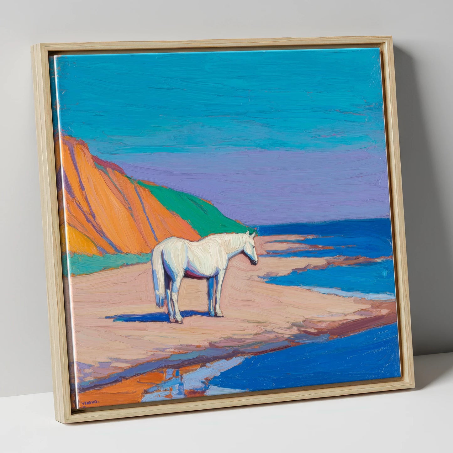 Vibrant Coastal Solitude horse landscape canvas wall art in natural frame