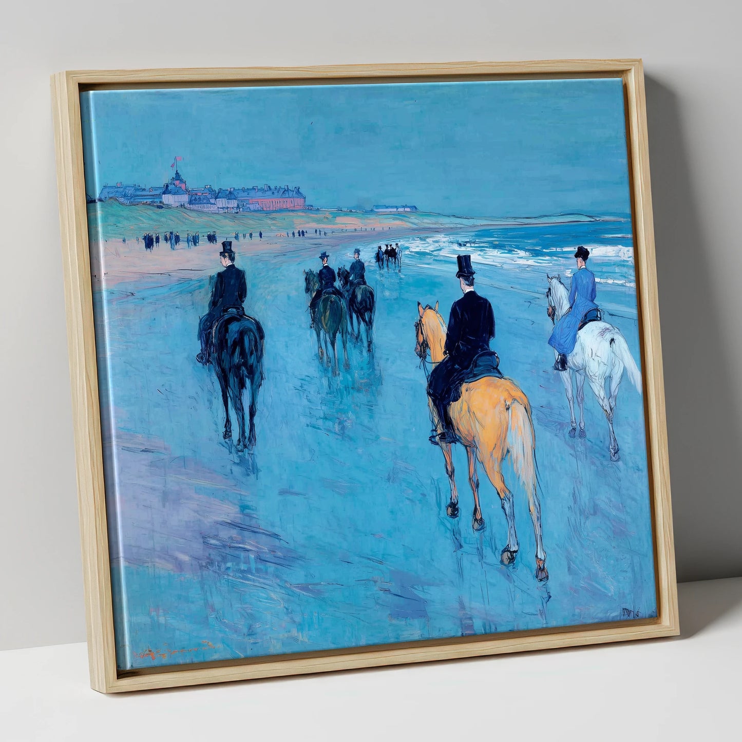 Azure Shore Riders horse landscape canvas wall art in natural frame