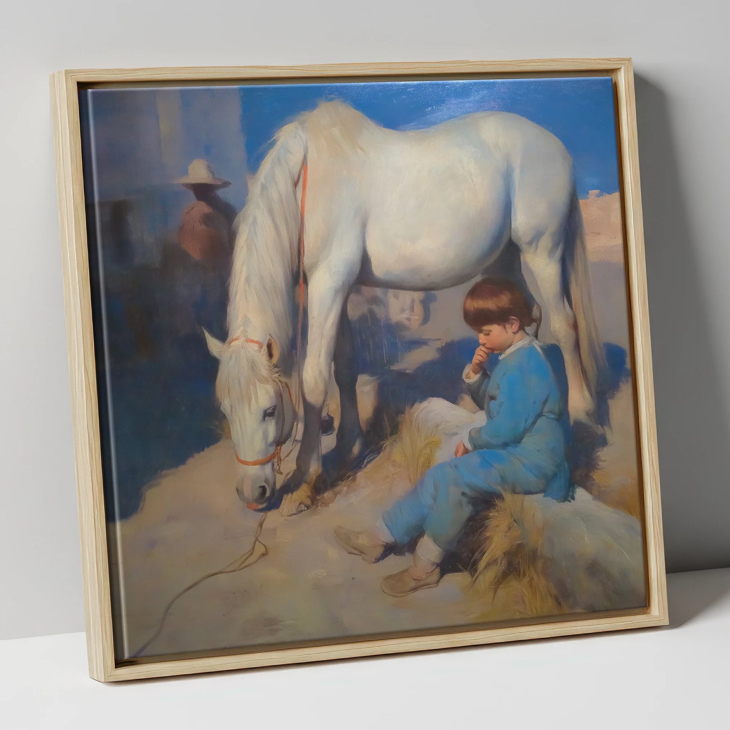 Quiet Companions horse & rider canvas wall art in natural frame