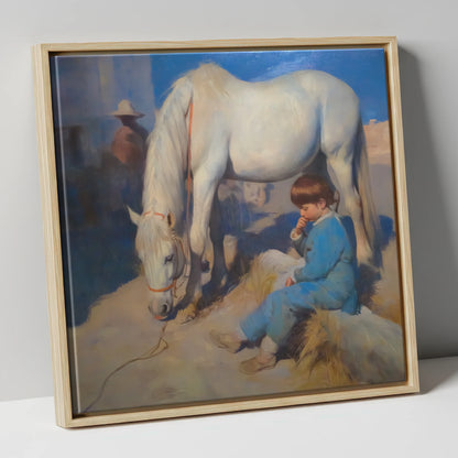 Quiet Companions horse & rider canvas wall art in natural frame