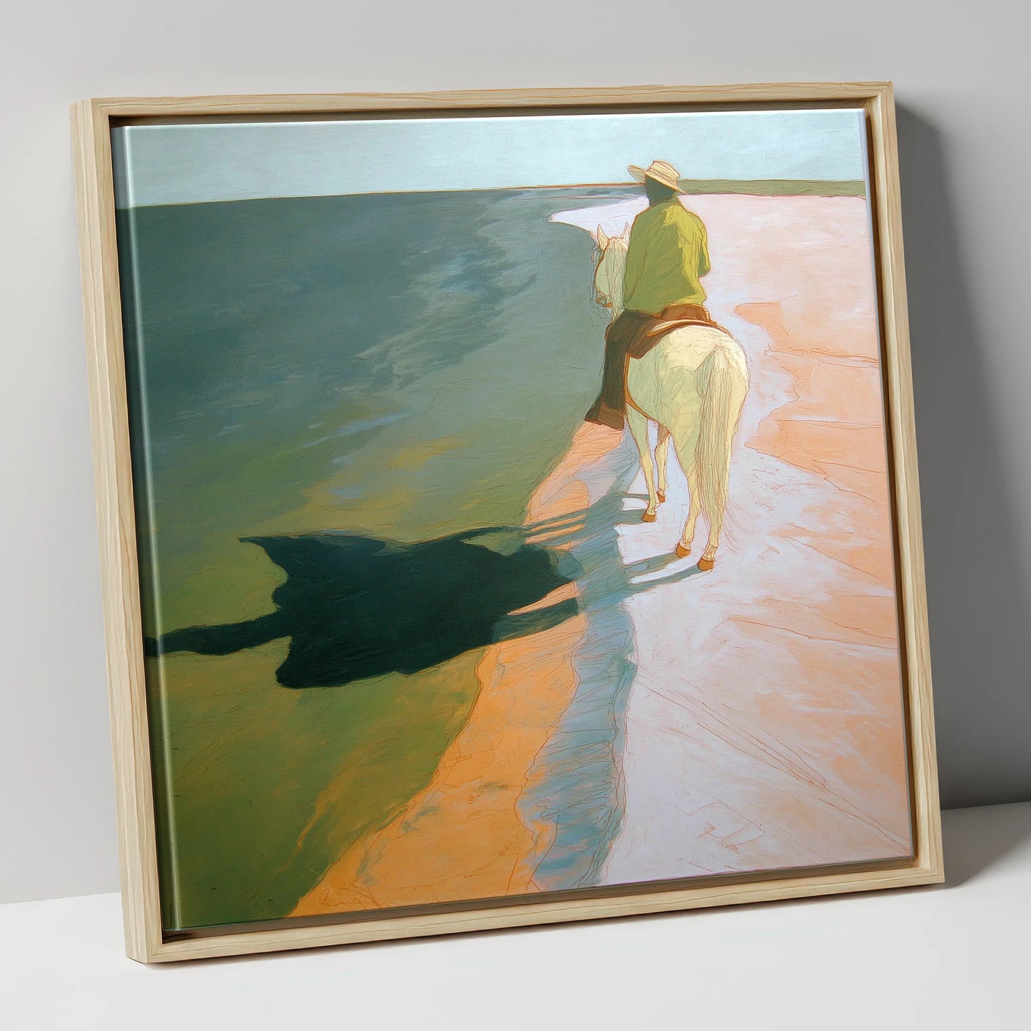 Tide Line Shadows beach horse canvas wall art in natural frame