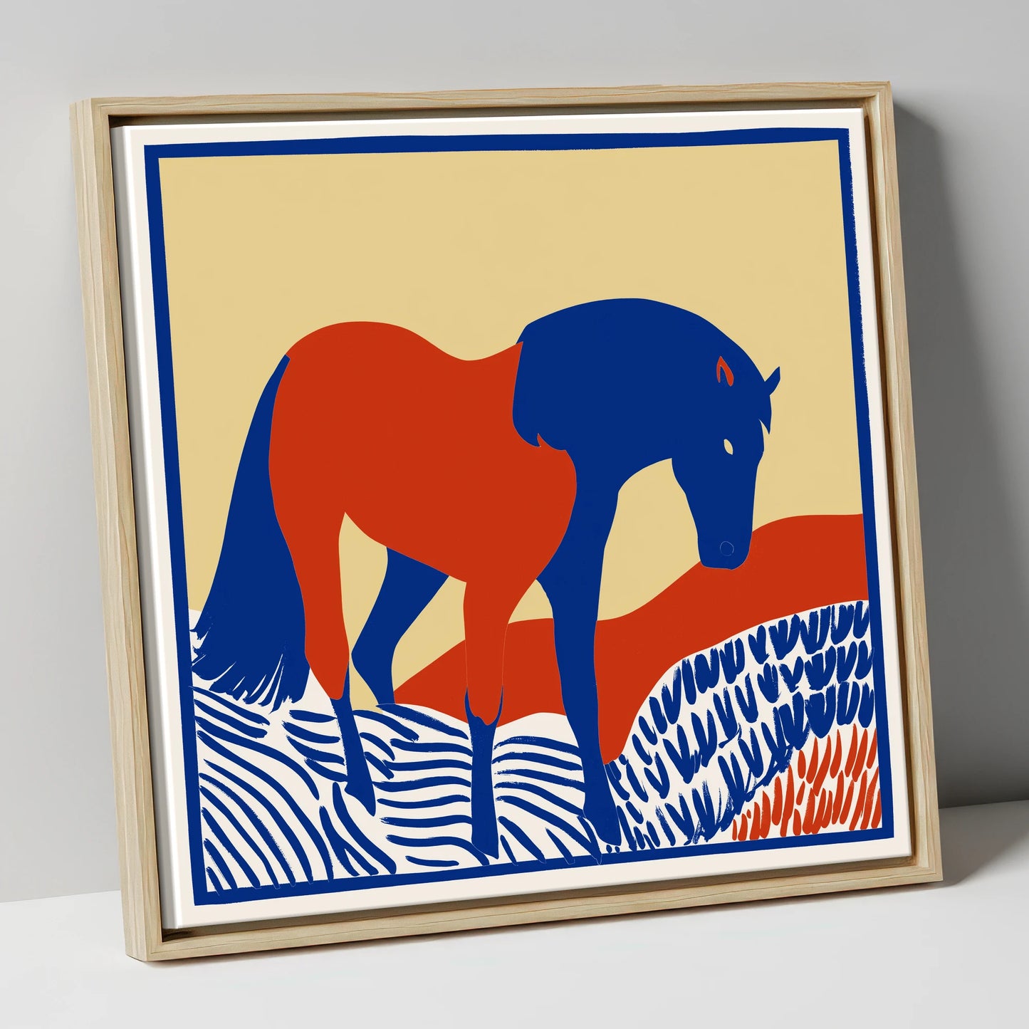 Cobalt And Rust horse portrait canvas wall art in natural frame