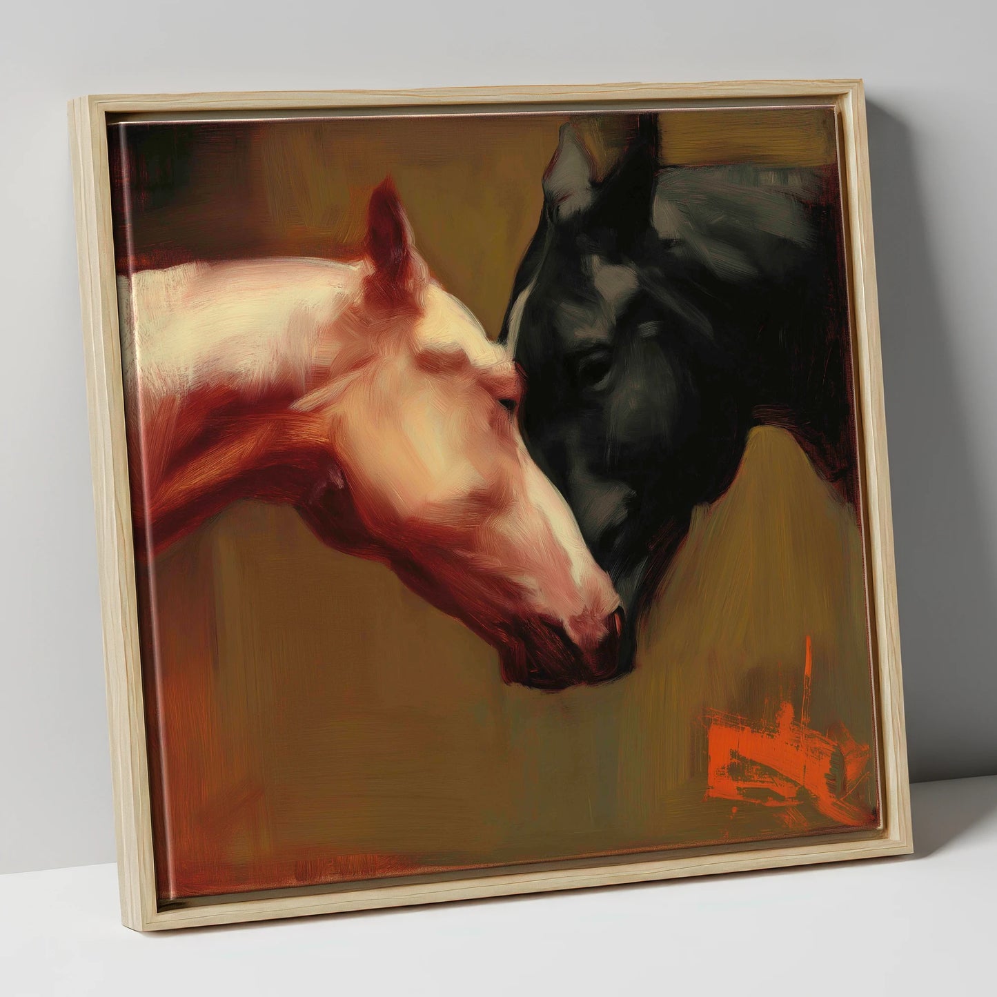 Silent Communion horse portrait canvas wall art in natural frame